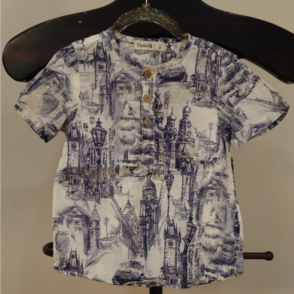 Blue and White Toile Button Down Shirt - 2T